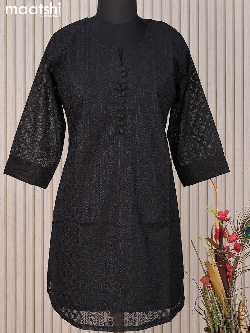 Semi georgette short kurti black with allover chikankari work & simple neck pattern without pant