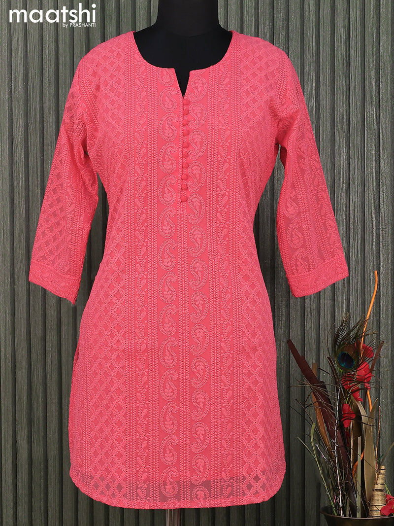 Semi georgette short kurti pink with allover chikankari work & simple neck pattern without pant