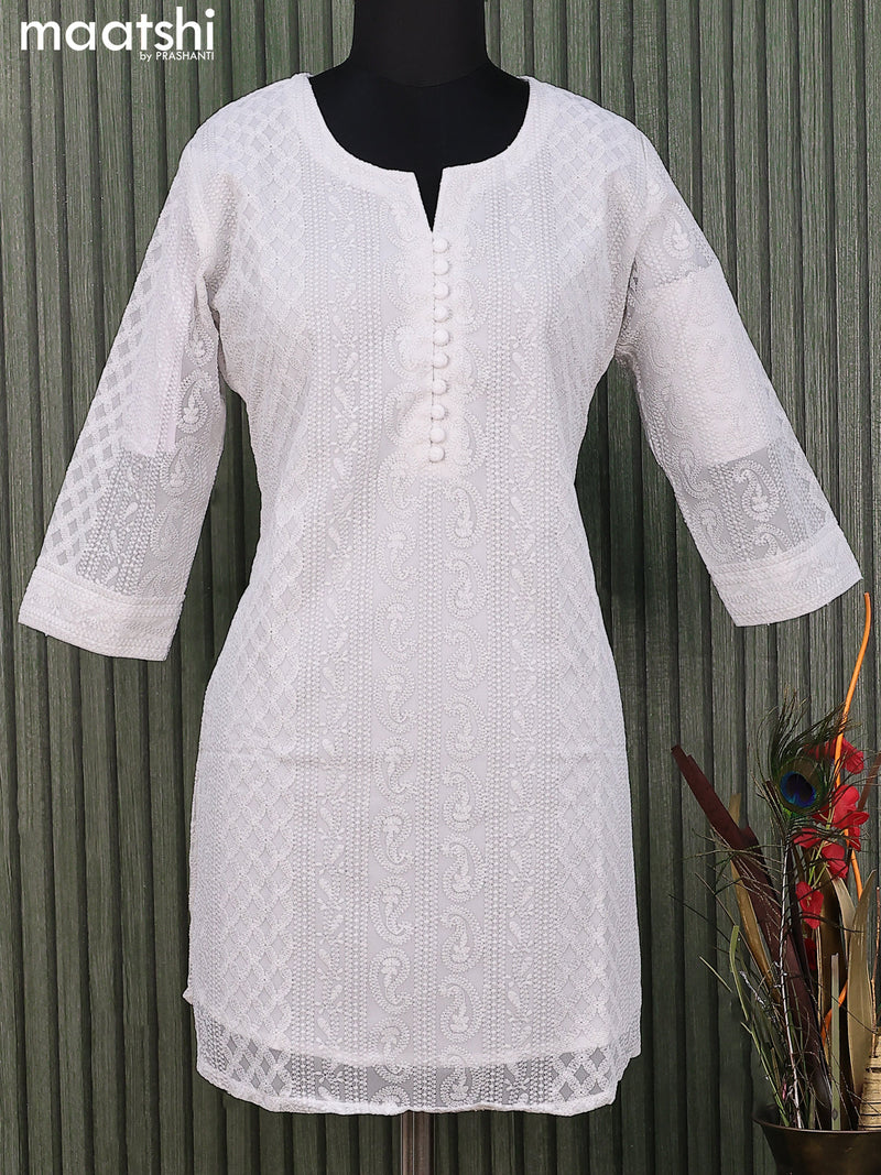 Semi georgette short kurti off white with allover chikankari work & simple neck pattern without pant