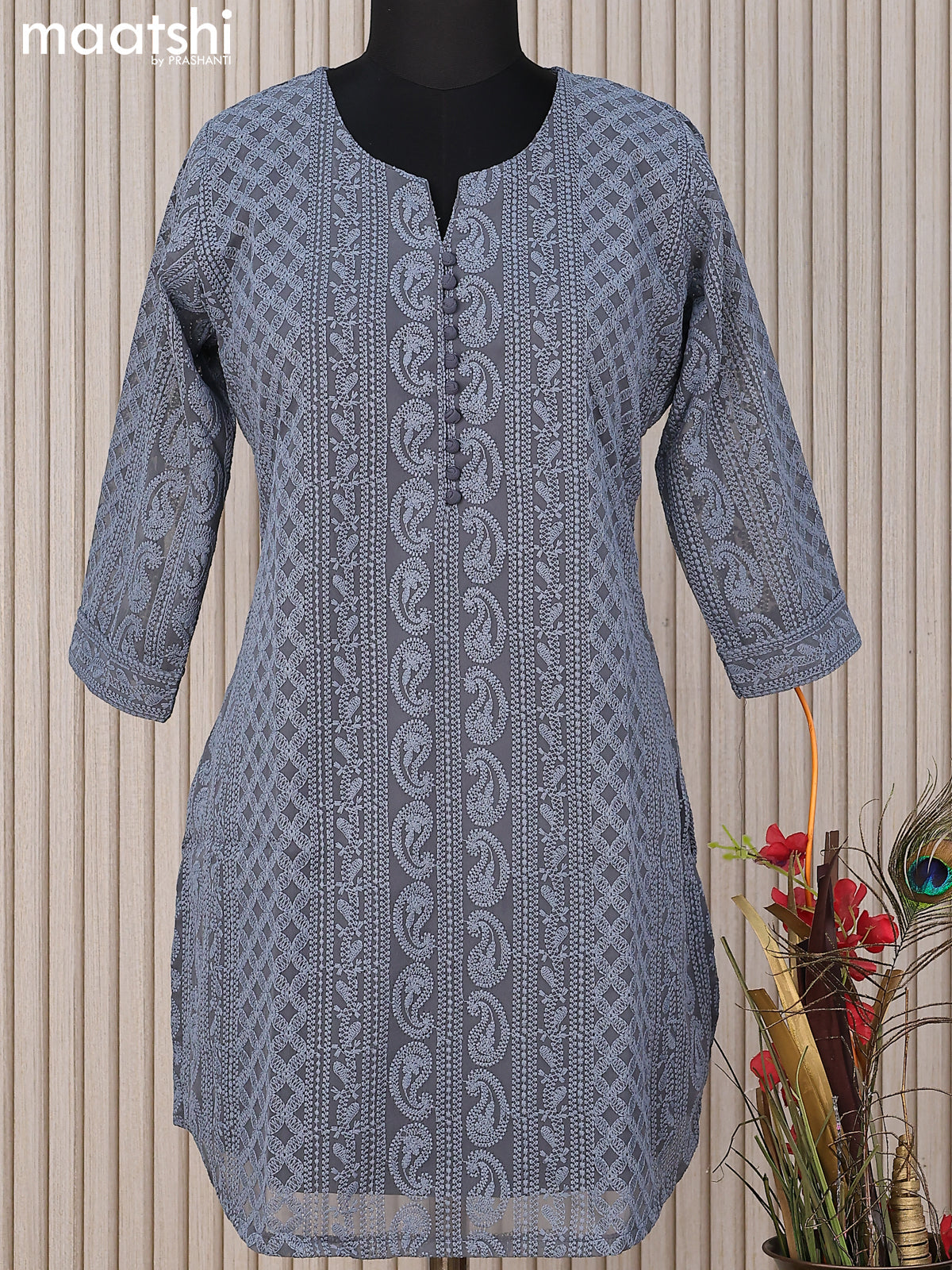 Semi georgette short kurti grey with allover chikankari work & simple neck pattern without pant