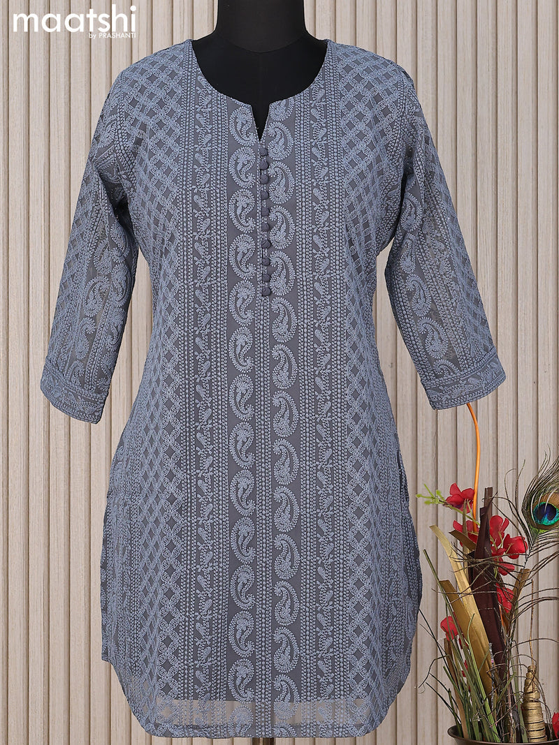 Semi georgette short kurti grey with allover chikankari work & simple neck pattern without pant