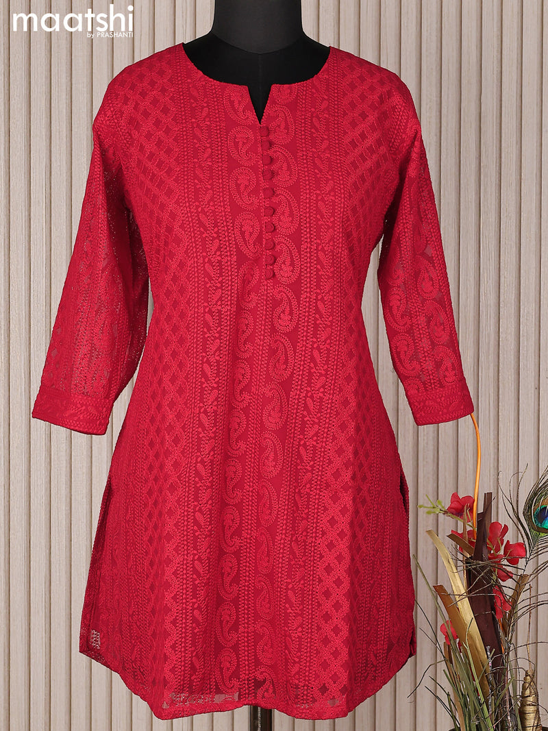 Semi georgette short kurti red with allover chikankari work & simple neck pattern without pant