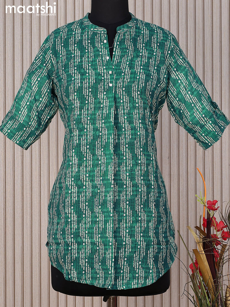 Rayon readymade short kurti teal green with allover prints & simple neck pattern without pant