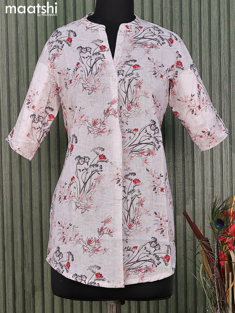 Rayon readymade short kurti off white with allover floral prints & simple neck pattern without pant