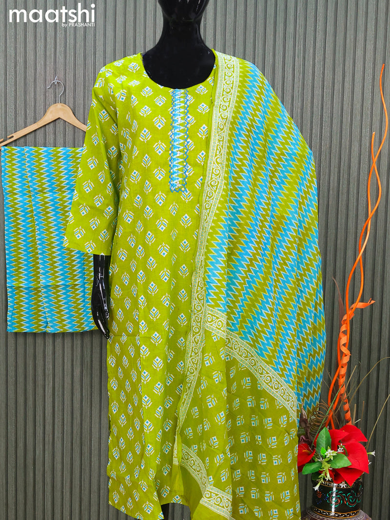 Cotton readymade salwar suits light green and blue with allover ikat butta prints & embroidery work neck pattern and straight cut pant & dupatta