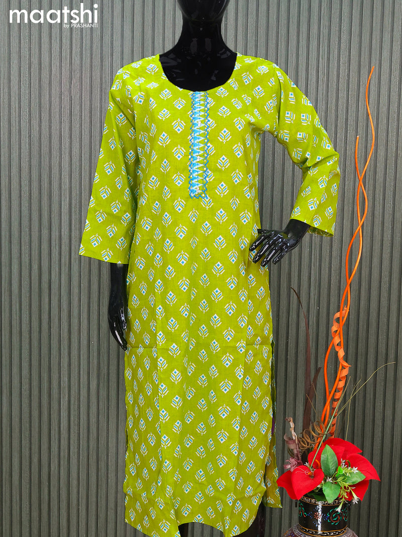 Cotton readymade salwar suits light green and blue with allover ikat butta prints & embroidery work neck pattern and straight cut pant & dupatta