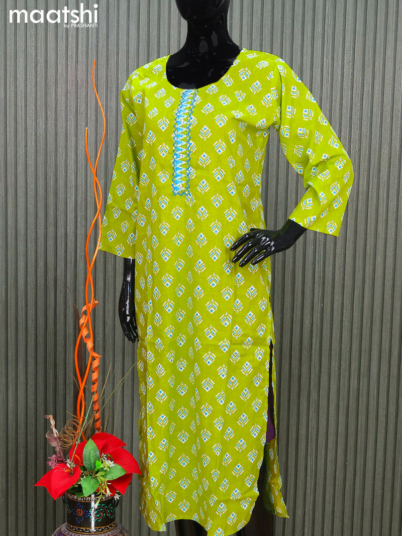 Cotton readymade salwar suits light green and blue with allover ikat butta prints & embroidery work neck pattern and straight cut pant & dupatta