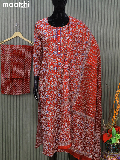 Cotton readymade salwar suits red with allover floral prints & embroidery work neck pattern and straight cut pant & dupatta