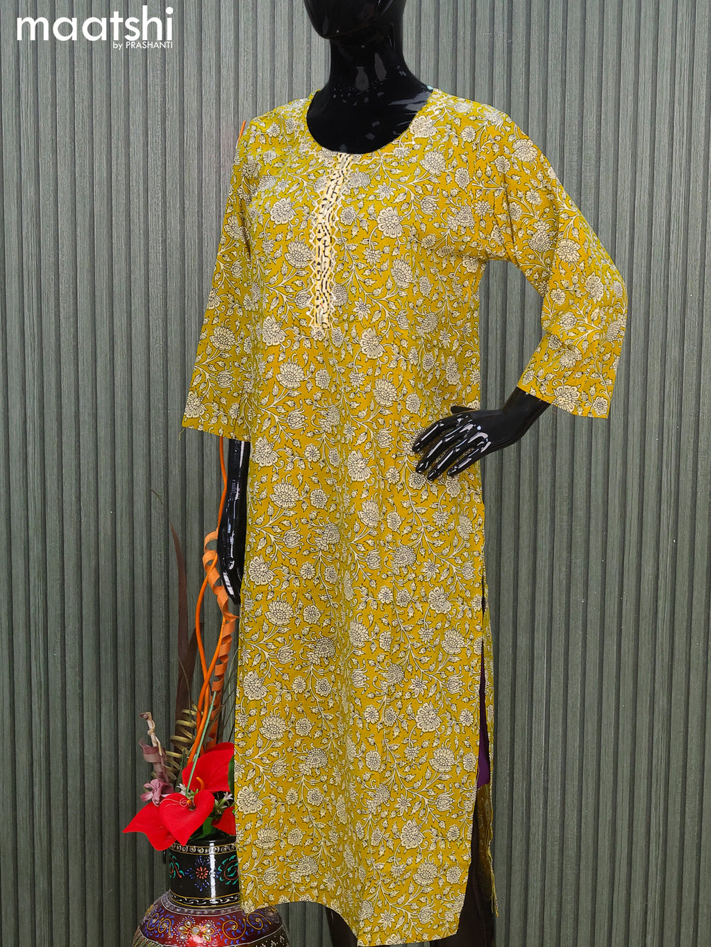 Cotton readymade salwar suits mustard yellow and beige with allover floral prints & embroidery work neck pattern and straight cut pant & dupatta