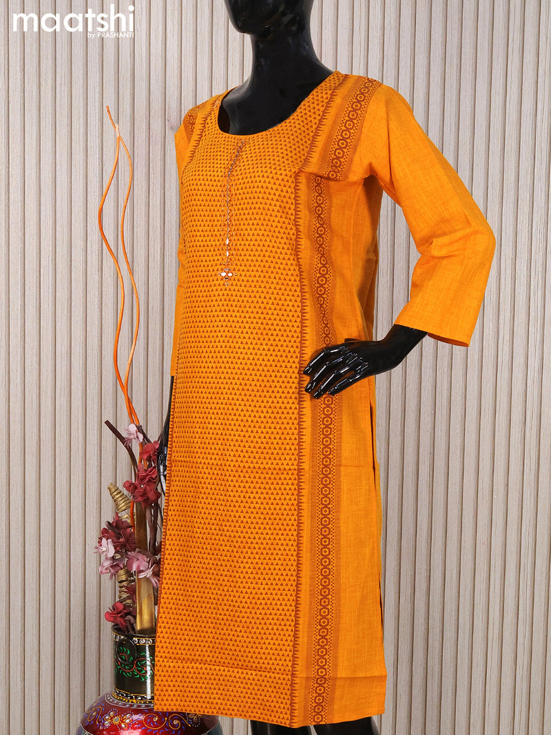 Rayon readymade kurti orange with allover geometric prints & mirror work neck pattern without pant