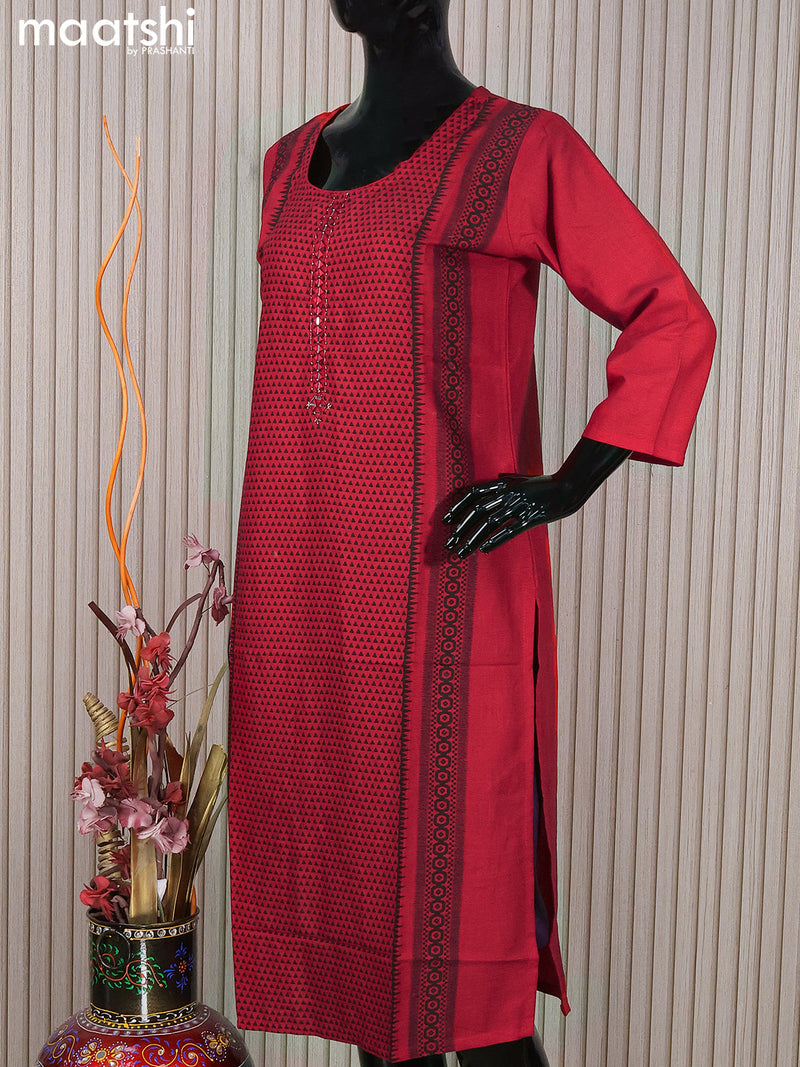 Rayon readymade kurti red with allover prints & mirror work neck pattern without pant
