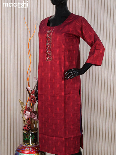 Rayon readymade kurti maroon with thread buttas & embroidery mirror work neck pattern without pant