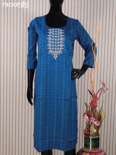 Rayon readymade kurti peacock blue with embroidery work neck pattern without pant