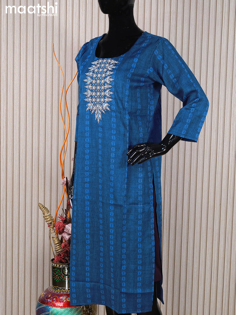 Rayon readymade kurti peacock blue with embroidery work neck pattern without pant