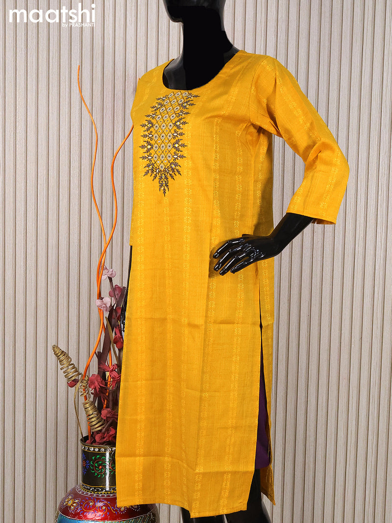 Rayon readymade kurti mustard yellow with embroidery work neck pattern without pant