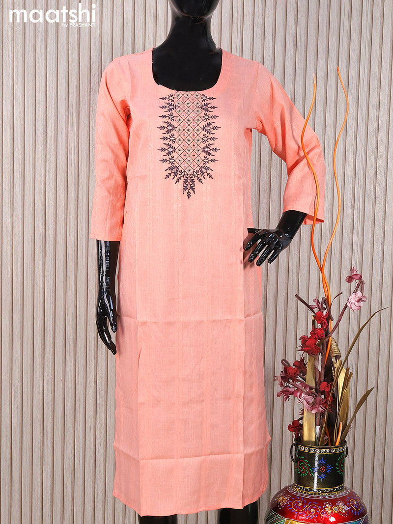 Rayon readymade kurti peach orange with embroidery work neck pattern without pant