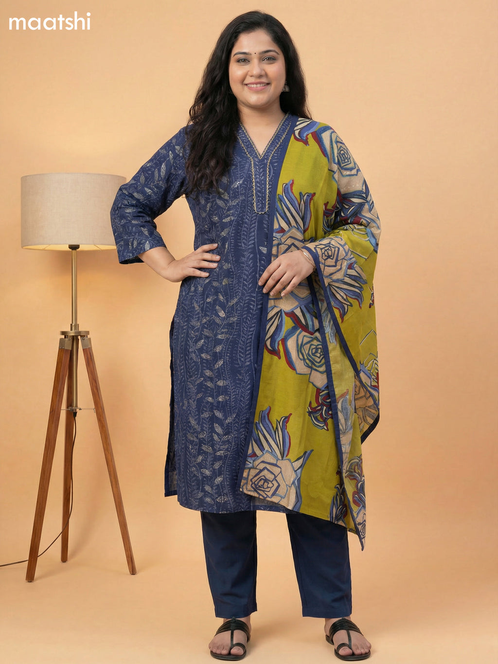 Navy Blue Muslin Printed & Simple Embroidery Work Straight Suit