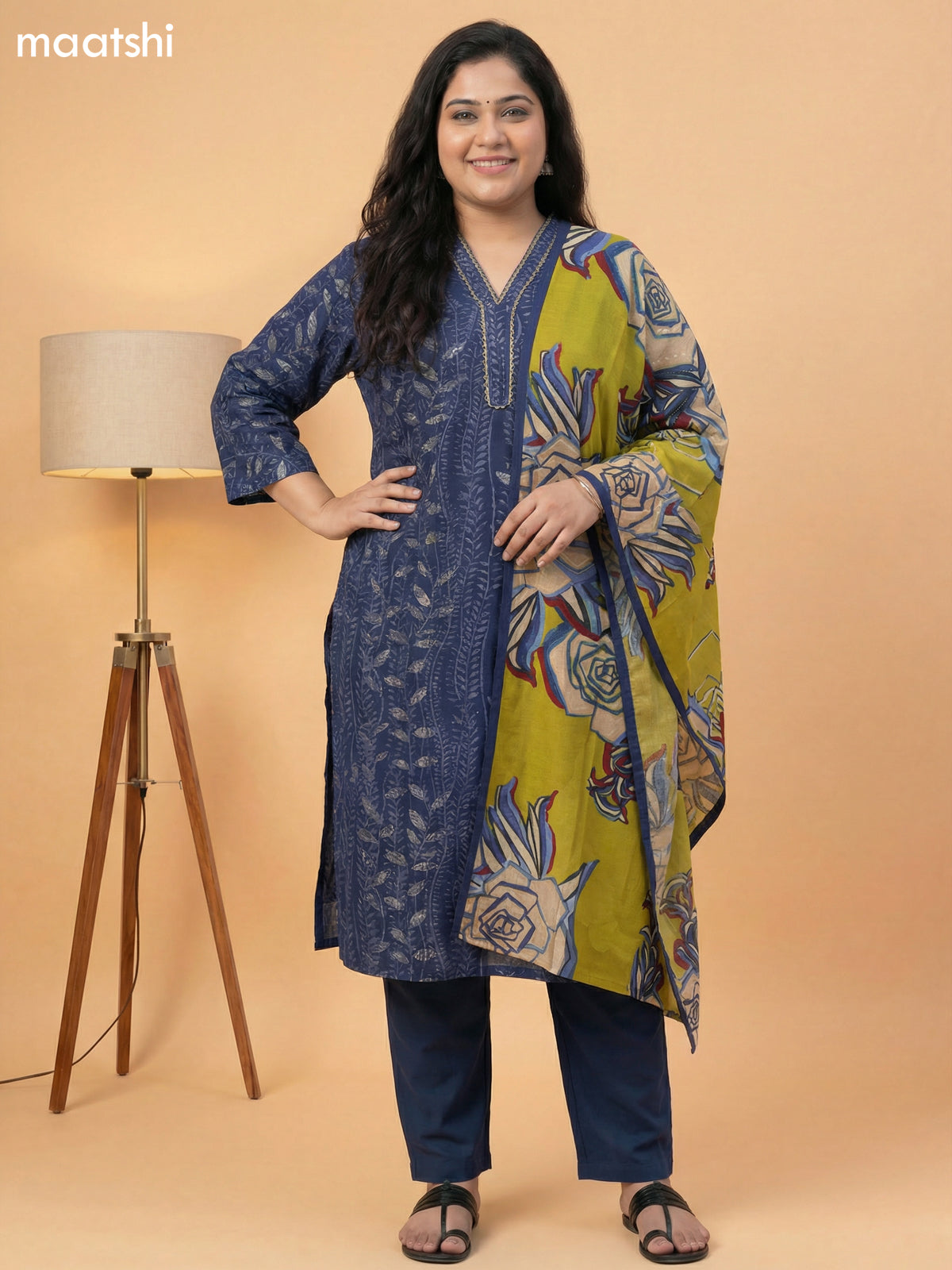 Navy Blue Muslin Printed & Simple Embroidery Work Straight Suit