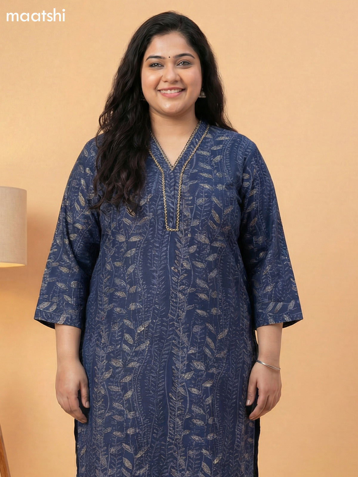 Navy Blue Muslin Printed & Simple Embroidery Work Straight Suit