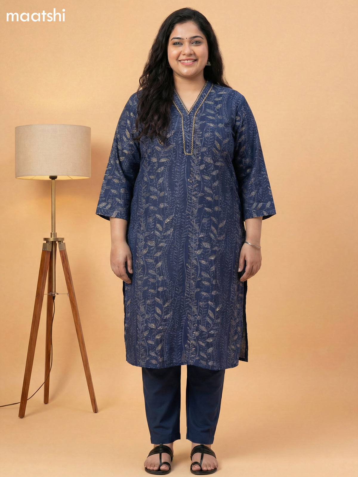 Navy Blue Muslin Printed & Simple Embroidery Work Straight Suit