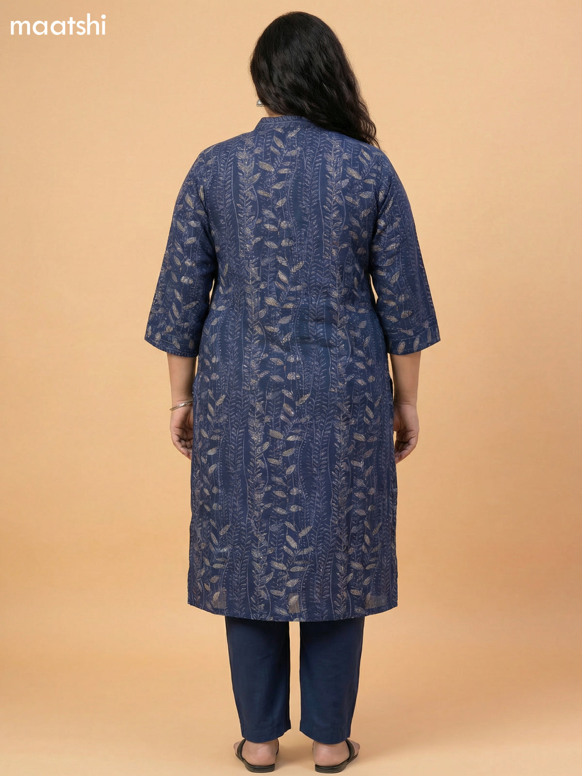 Navy Blue Muslin Printed & Simple Embroidery Work Straight Suit
