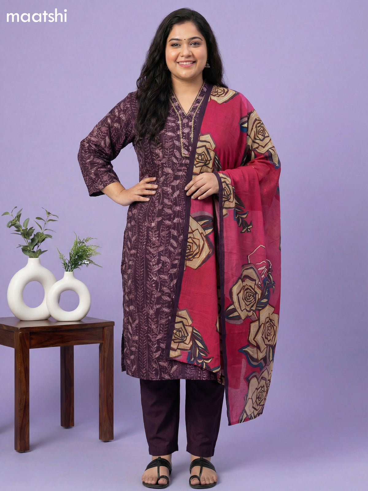 Deep Wine Muslin Printed & Simple Embroidery Work Straight Suit