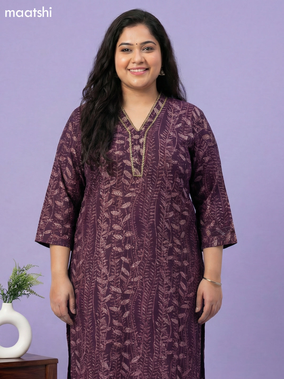 Deep Wine Muslin Printed & Simple Embroidery Work Straight Suit