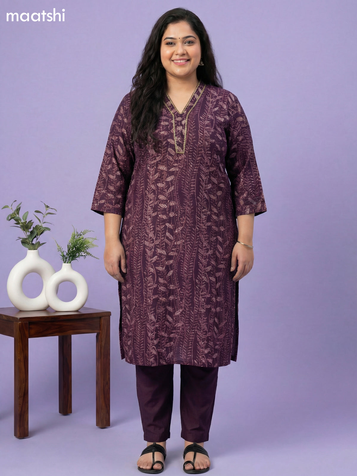 Deep Wine Muslin Printed & Simple Embroidery Work Straight Suit