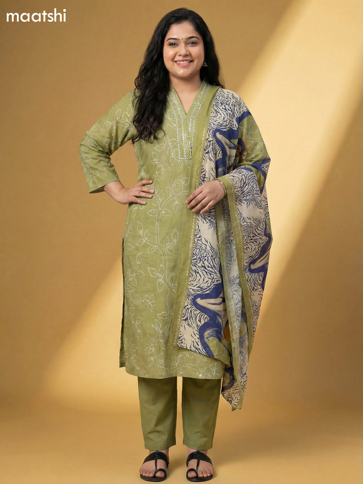 Pastel Green Muslin Printed & Simple Embroidery Work Straight Suit