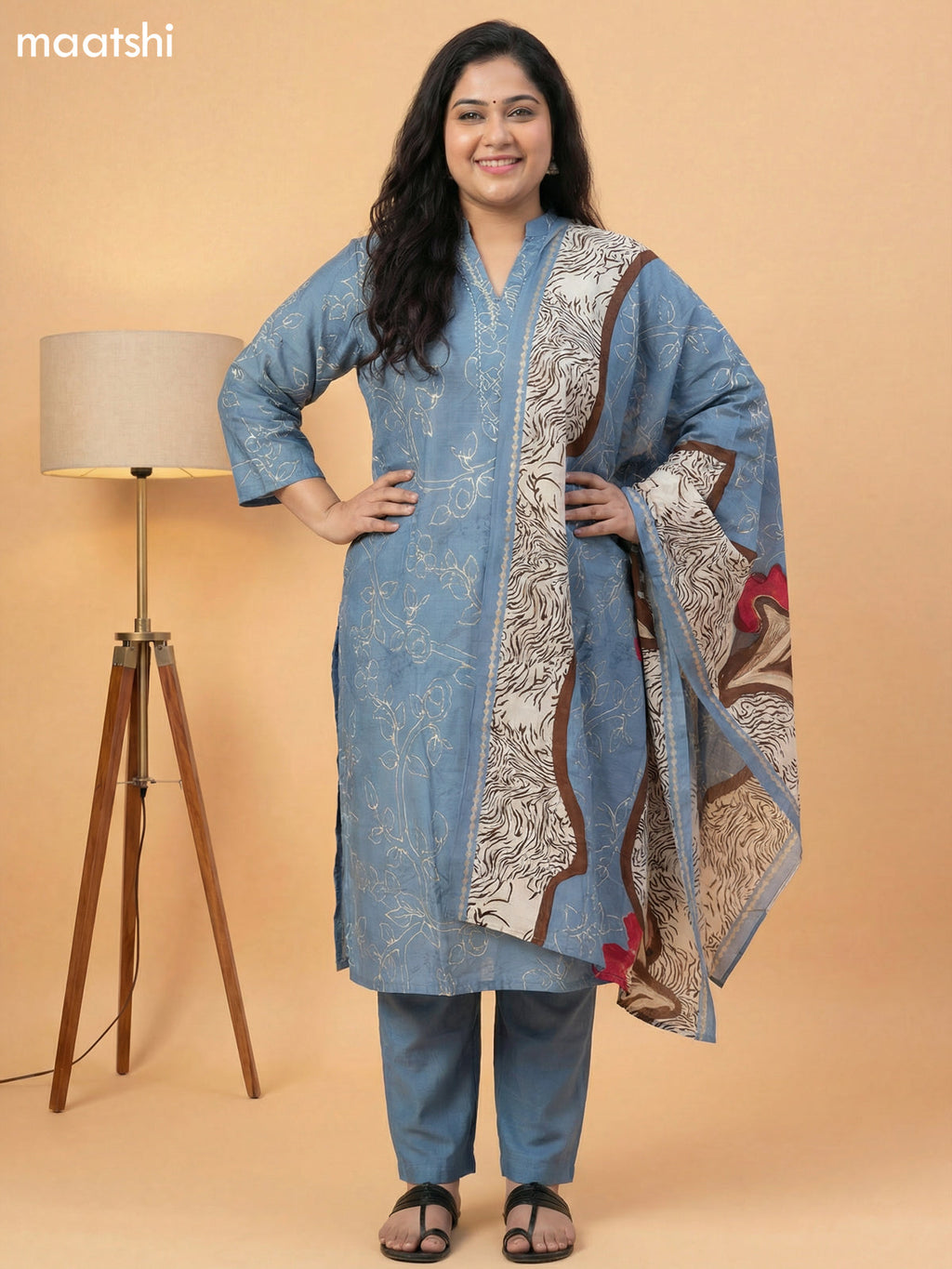 Pastel Blue Muslin Printed & Simple Embroidery Work Straight Suit