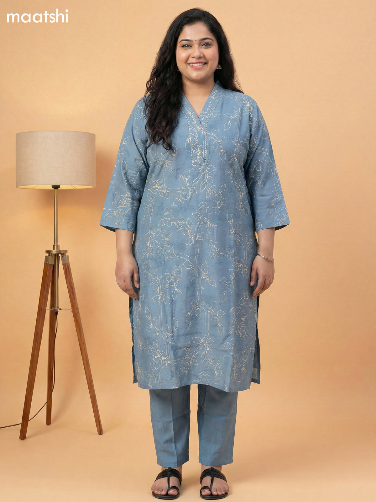 Pastel Blue Muslin Printed & Simple Embroidery Work Straight Suit