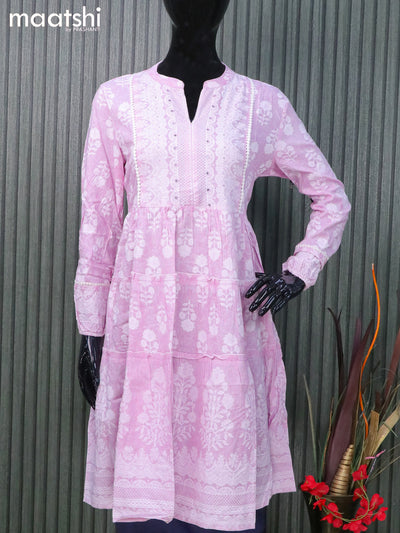 Cotton readymade short umbrella kurti mild lavender with allover prints & crocia lace work neck pattern and without pant