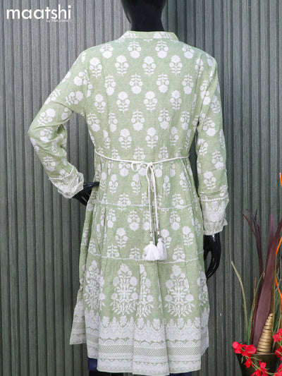 Cotton readymade short umbrella kurti pastel green with allover prints & crocia lace work neck pattern and without pant
