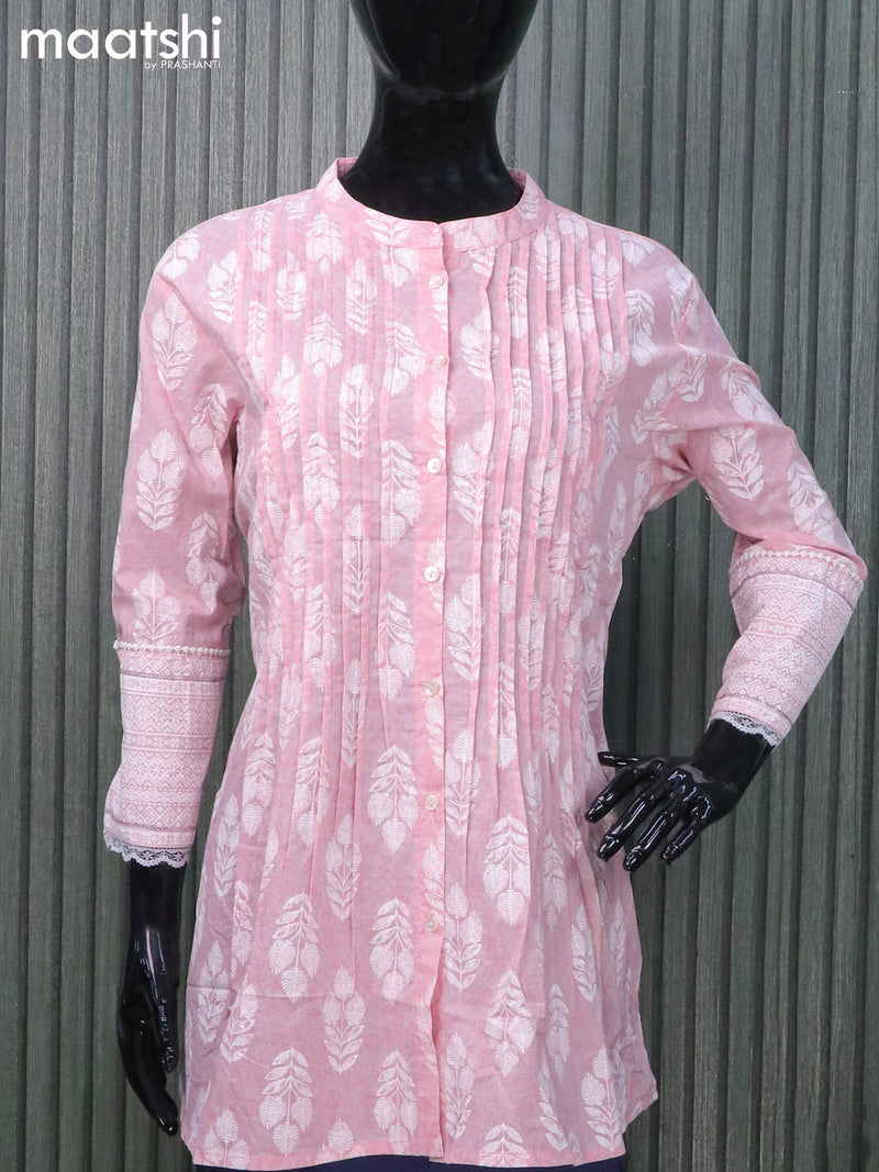 Cotton readymade short kurti baby pink with allover prints & simple neck pattern and without pant