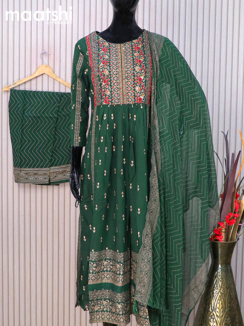Cotton readymade naira cut salwar suits bottle green with allover prints & beaded embroidery work neck pattern and straight cut pant & chiffon dupatta
