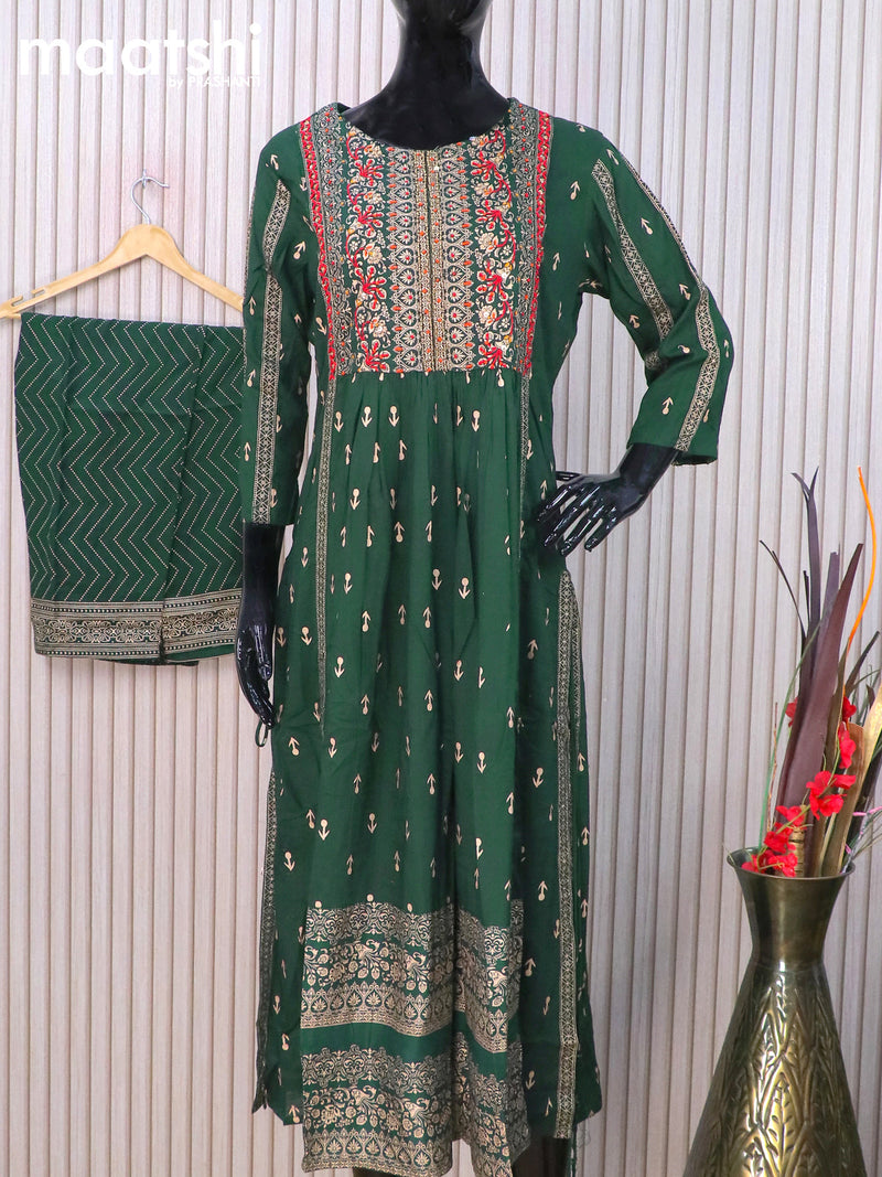 Cotton readymade naira cut salwar suits bottle green with allover prints & beaded embroidery work neck pattern and straight cut pant & chiffon dupatta