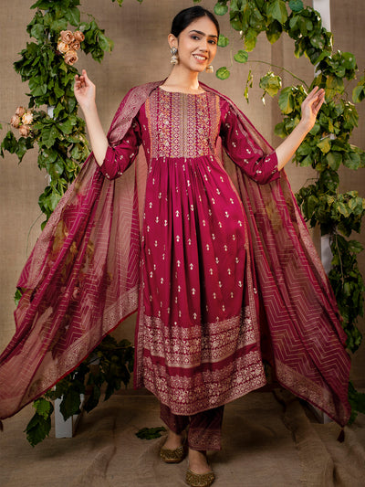 Cotton readymade naira cut salwar suits maroon with allover prints & beaded embroidery work neck pattern and straight cut pant & chiffon dupatta