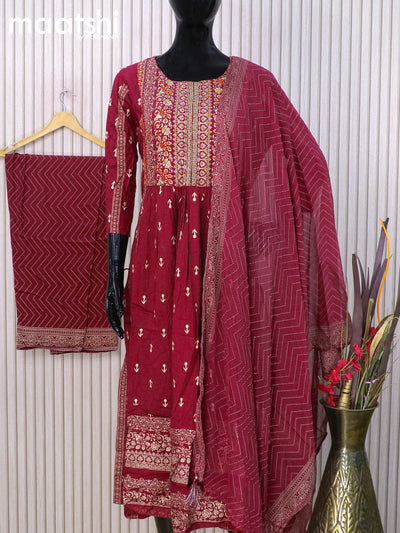 Cotton readymade naira cut salwar suits maroon with allover prints & beaded embroidery work neck pattern and straight cut pant & chiffon dupatta
