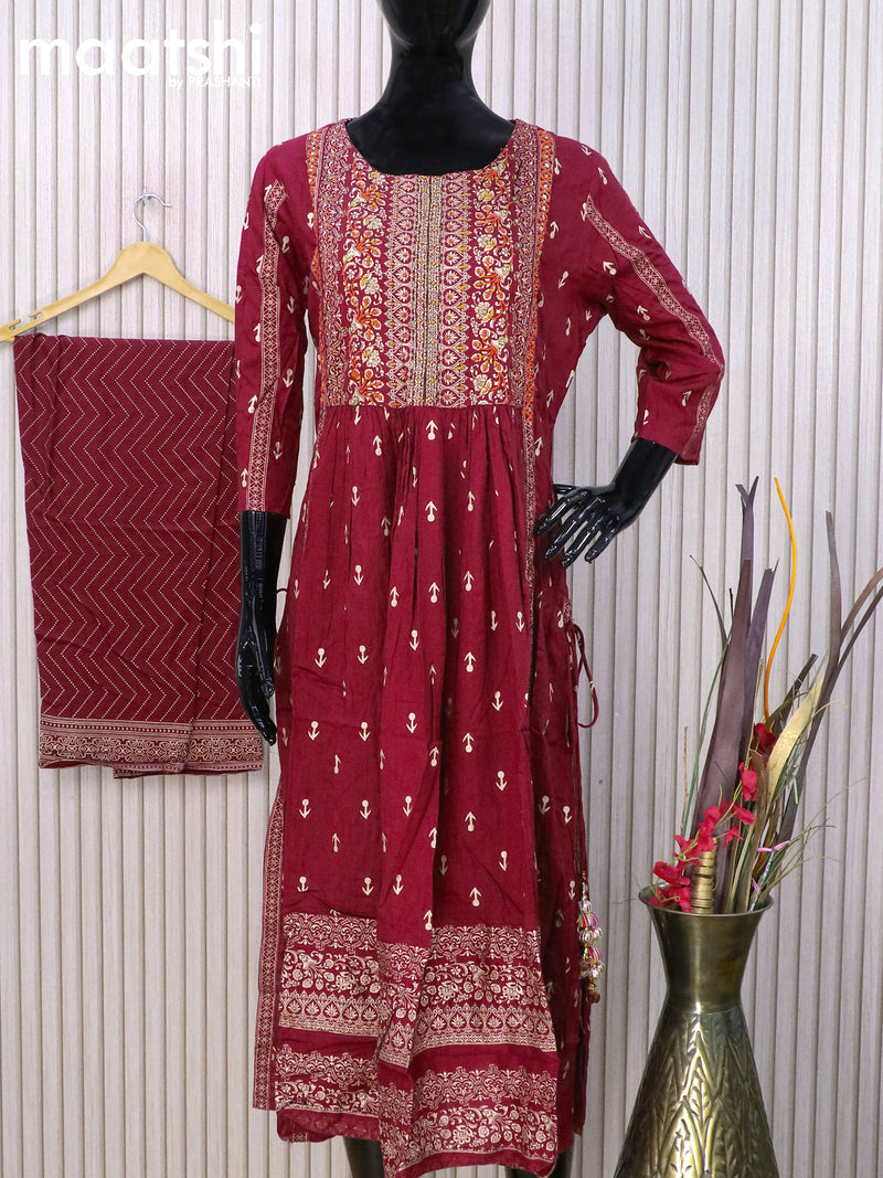Cotton readymade naira cut salwar suits maroon with allover prints & beaded embroidery work neck pattern and straight cut pant & chiffon dupatta
