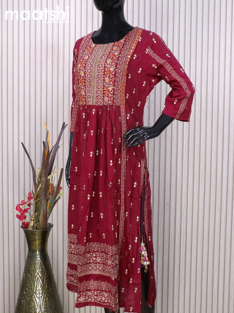Cotton readymade naira cut salwar suits maroon with allover prints & beaded embroidery work neck pattern and straight cut pant & chiffon dupatta