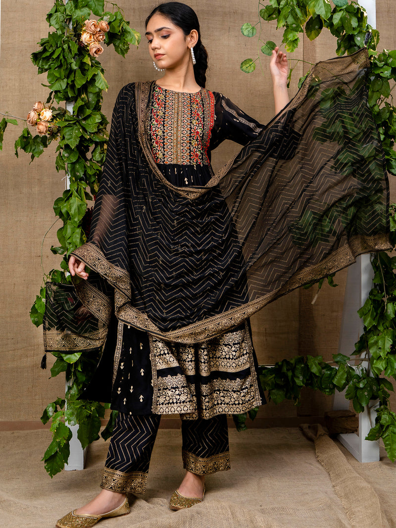 Cotton readymade naira cut salwar suits navy blue with allover prints & beaded embroidery work neck pattern and straight cut pant & chiffon dupatta