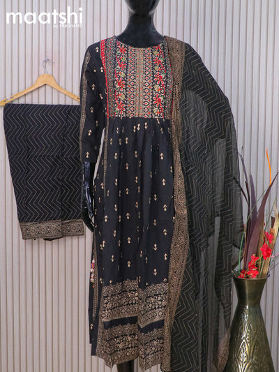 Cotton readymade naira cut salwar suits navy blue with allover prints & beaded embroidery work neck pattern and straight cut pant & chiffon dupatta