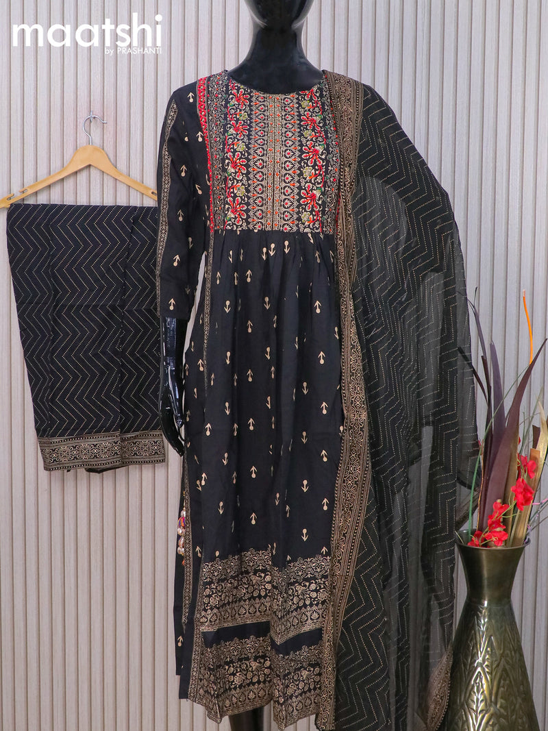 Cotton readymade naira cut salwar suits navy blue with allover prints & beaded embroidery work neck pattern and straight cut pant & chiffon dupatta