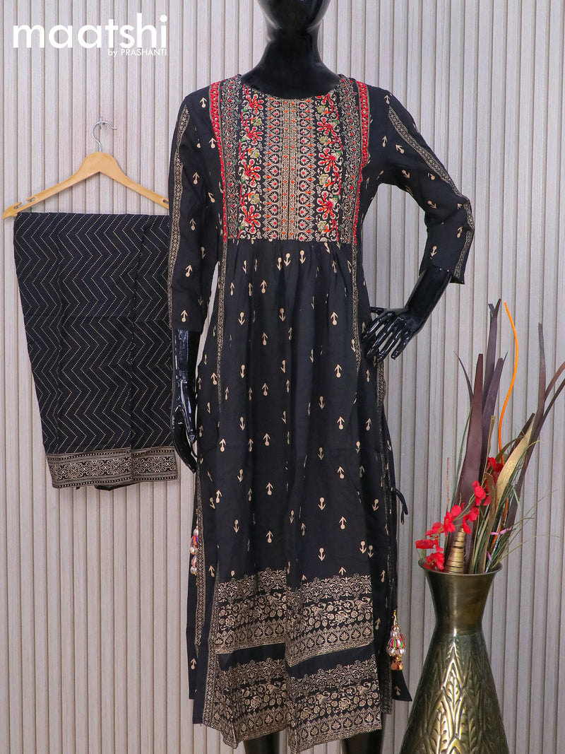 Cotton readymade naira cut salwar suits navy blue with allover prints & beaded embroidery work neck pattern and straight cut pant & chiffon dupatta