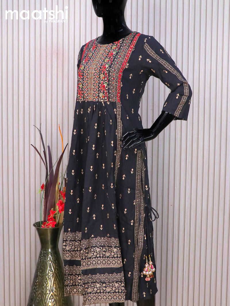 Cotton readymade naira cut salwar suits navy blue with allover prints & beaded embroidery work neck pattern and straight cut pant & chiffon dupatta