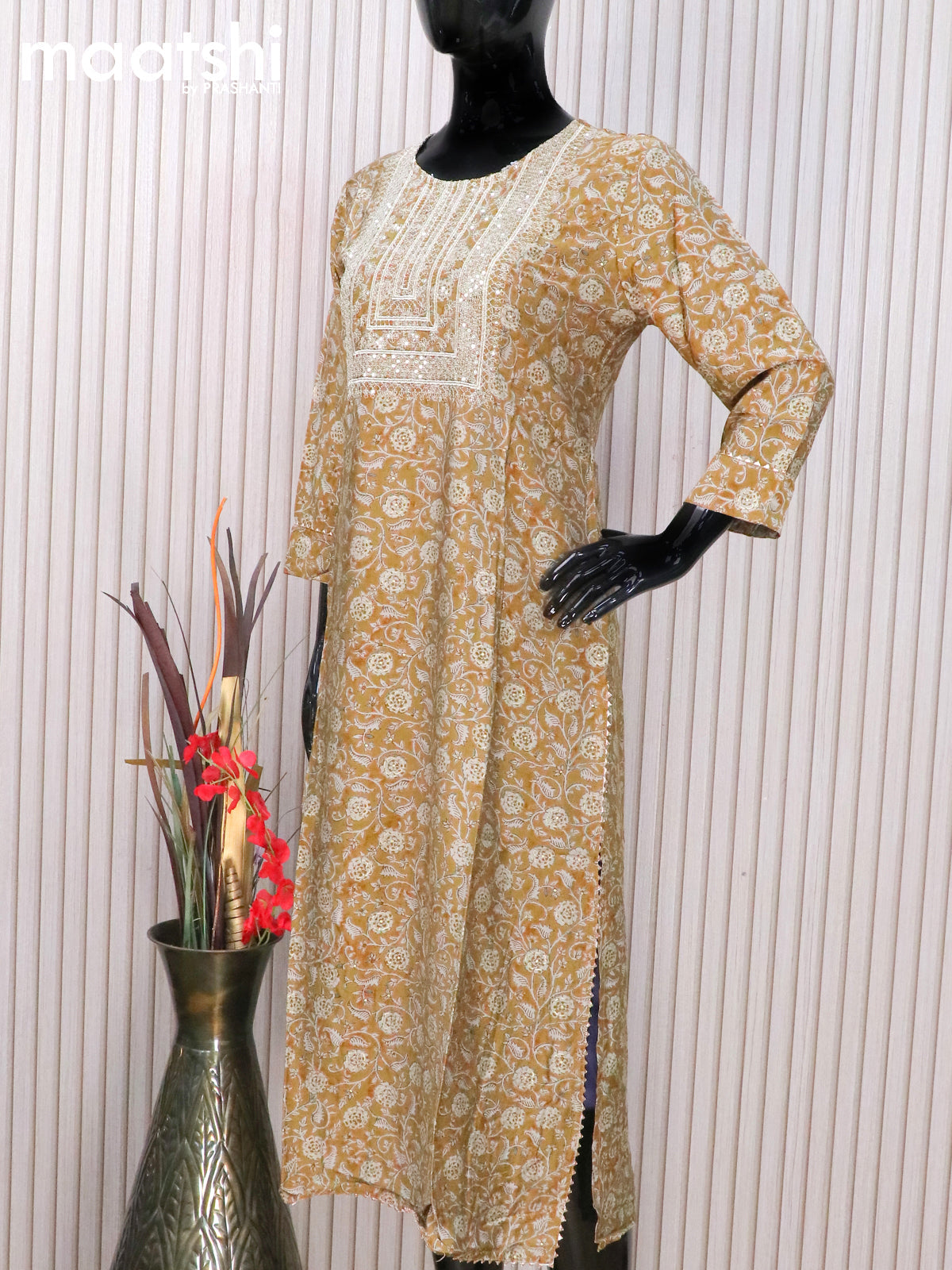 Modal readymade salwar suits dark mustard with floral prints & sequin work neck pattern and straight cut pant & sequin work chiffon dupatta