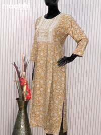 Modal readymade salwar suits dark mustard with floral prints & sequin work neck pattern and straight cut pant & sequin work chiffon dupatta