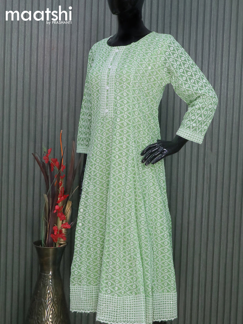 Georgette readymade anarkali kurti pastel green with allover chikankari work & simple neck pattern and without pant