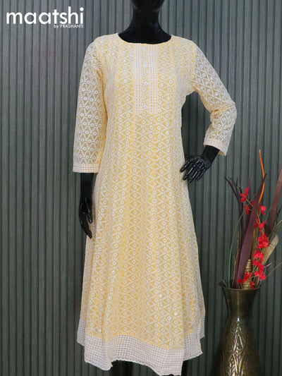 Georgette readymade anarkali kurti pale yellow with allover chikankari work & simple neck pattern and without pant
