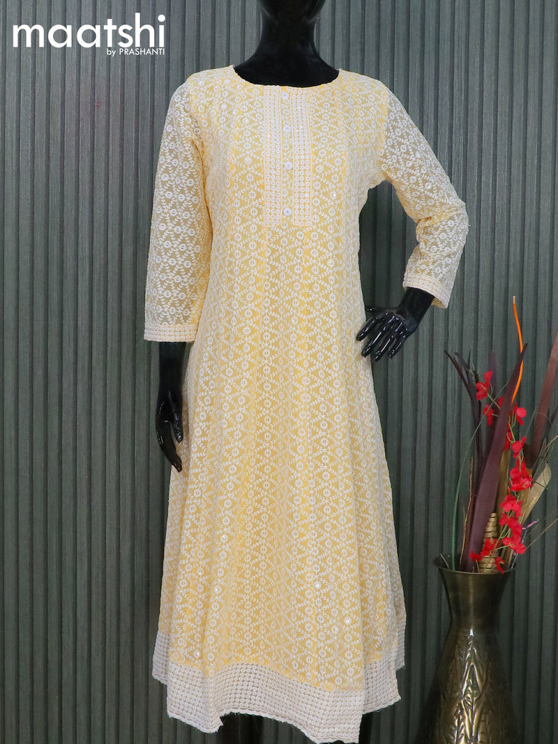 Georgette readymade anarkali kurti pale yellow with allover chikankari work & simple neck pattern and without pant